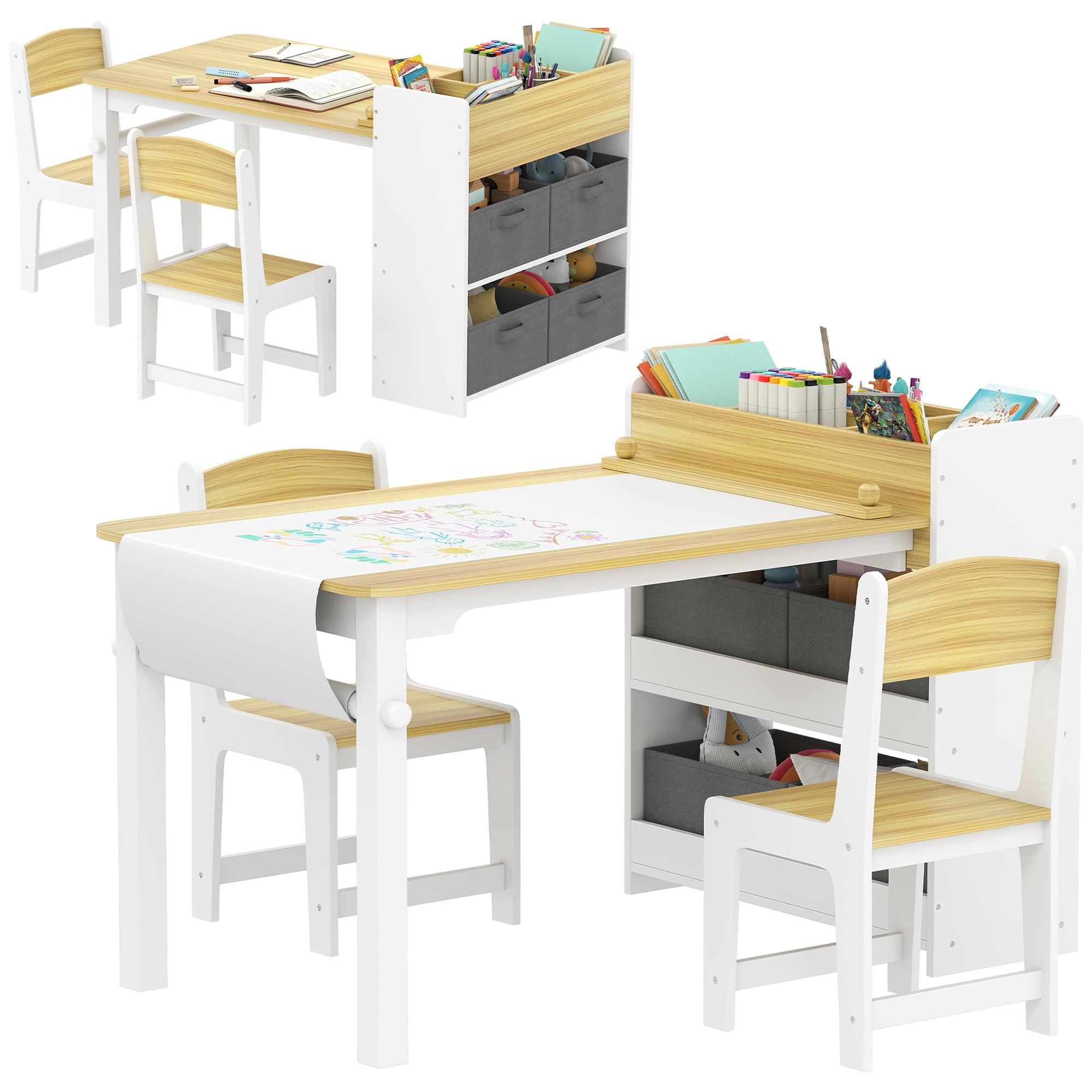 Qaba Kids Desk and Chair Set, Kids Art Table and Chairs Set with Paper Roll, Storage Shelves and Drawers, for Writing Drawing Aged 3-8, Natural Wood