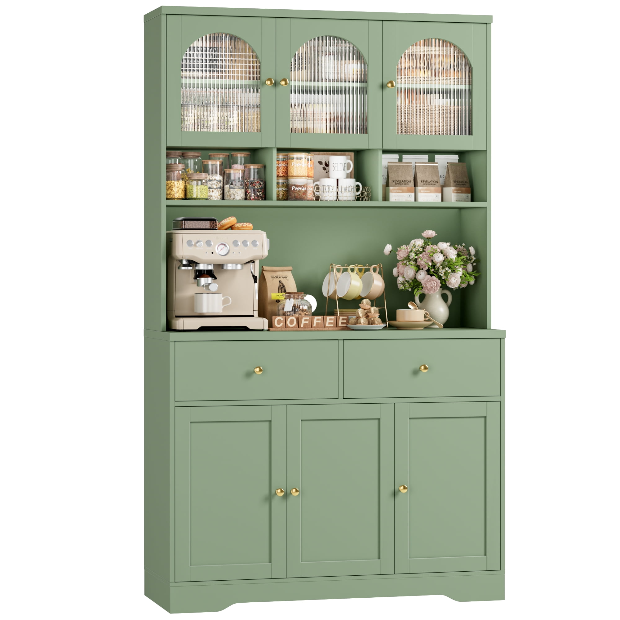 Hiphuta 71"in Modern Kitchen Pantry Storage Cabinet, Freestanding Kitchen Hutch Cabinet with Adjustable Shelves & Microwave Stand, Modern Coffee Hutch for Dining Room, Green