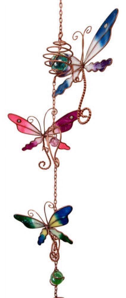 Stained Glass Colorful Three Butterflies Copper Metal Wind Chime 40"Long Decor