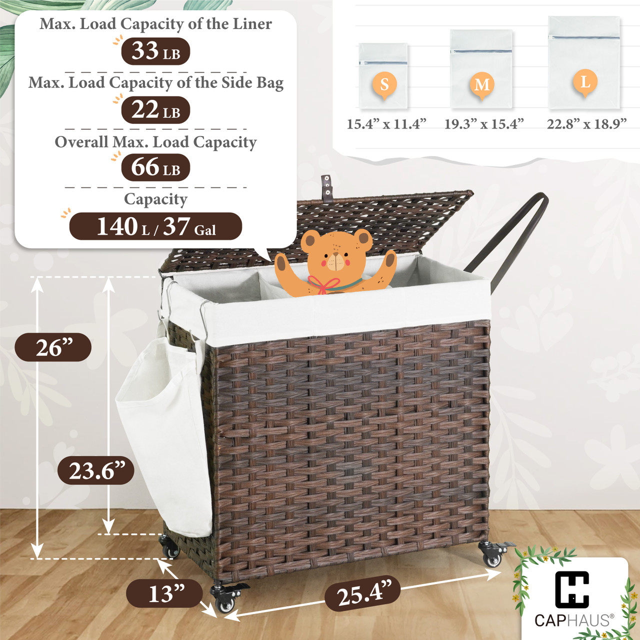 CAPHAUS Handwoven Basket w/ Lid for Storage, Synthetic Rattan Laundry Hamper w/ Wheels, Clothes Hamper for Laundry, Laundry Basket w/ Lid, Removable Liner Bags, Mesh Bags, Pulling Strap, 140L, Brown