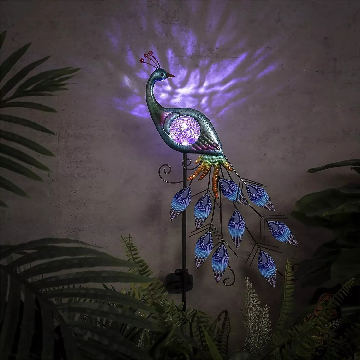 XZKING Peacock Solar Outdoor Lights 31.5'' Metal Lawn Ornaments for Outside with Crackle Glass Ball,Decorative Stake for Patio Yard Decorations