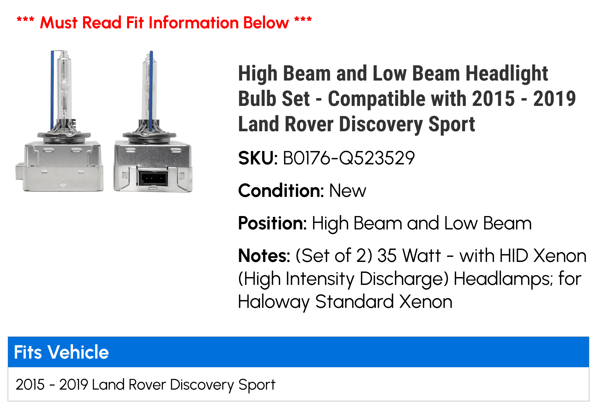High Beam and Low Beam Headlight Bulb Set - Compatible with 2015 - 2019 Land Rover Discovery Sport 2016 2017 2018