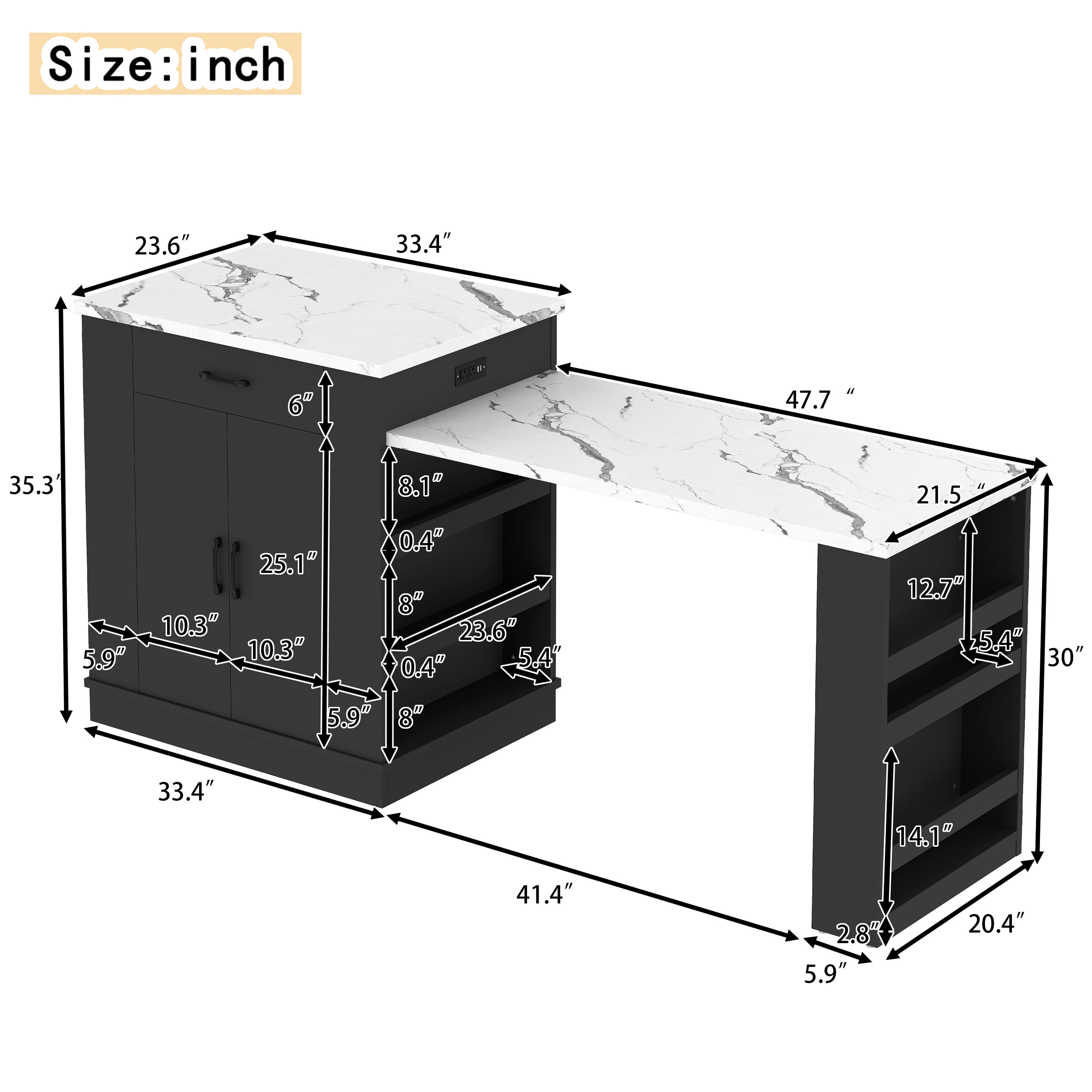 Large Extendable Kitchen Island for Family Use, Dining Table and Breakfast Bar with Storage Drawers, Cabinet Doors and Open Shelves, Ideal for Kitchen and Dining Room, Black