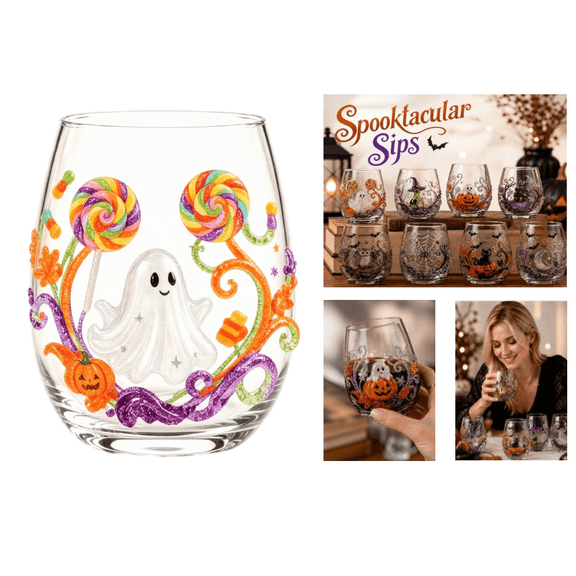 2D Halloween Artisan Glassware Collection,Stemless Embossed-Style Print Drinking Glasses with Pumpkin Ghost Black Cat Web Design,Spooky Clear Cups for Cocktails Juice Coffee,Halloween Glass Cups(I)
