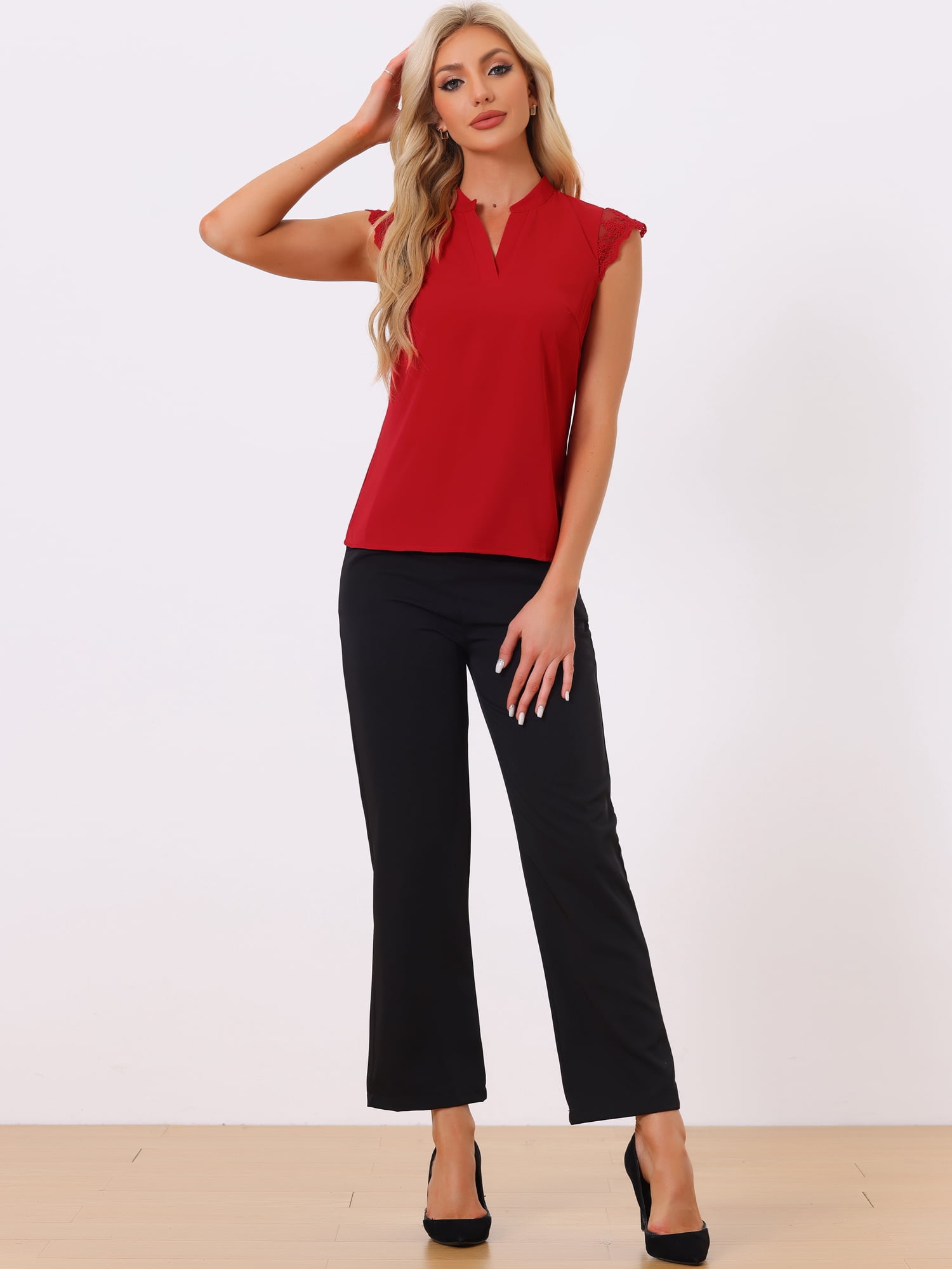 DARING DIVA Women's V Neck Sleeveless Basic Blouse Top L Bright Red