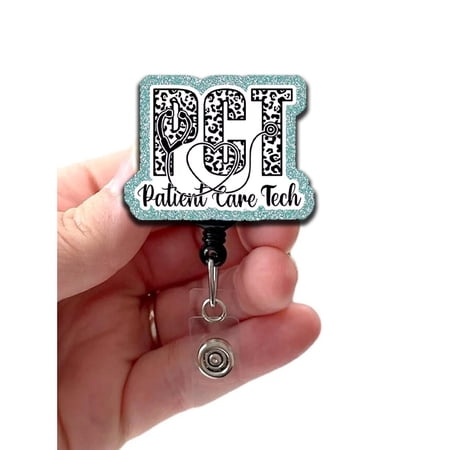 Patient Care Technician Glitter Badge Reel Acrylic, Retractable Badge Holder with Swivel Clip, Slide Clip, PCT Badge