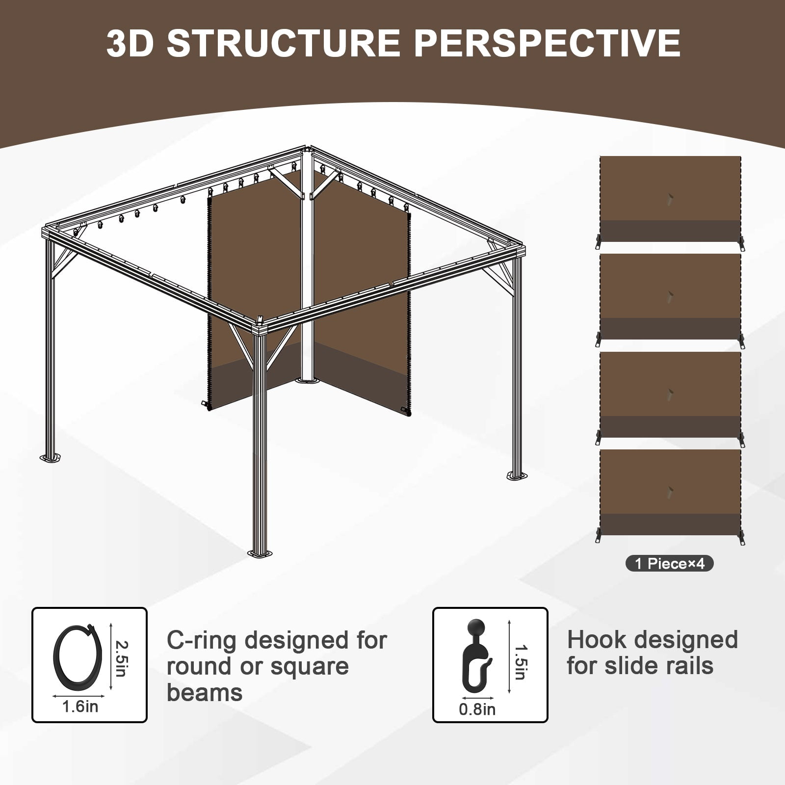 Aoodor 10' x 12' Gazebo Curtain Set Protecting Privacy Side Walls 4 Panels, Curtain Only - Brown and Coffee