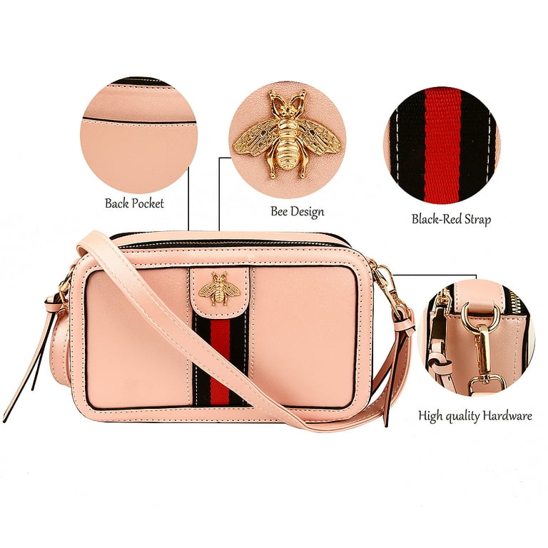 OLYPHY Designer Bee Purse Crossbody Camera Bag Purse PU Leather Shoulder  Bag Clucth for Women Pink