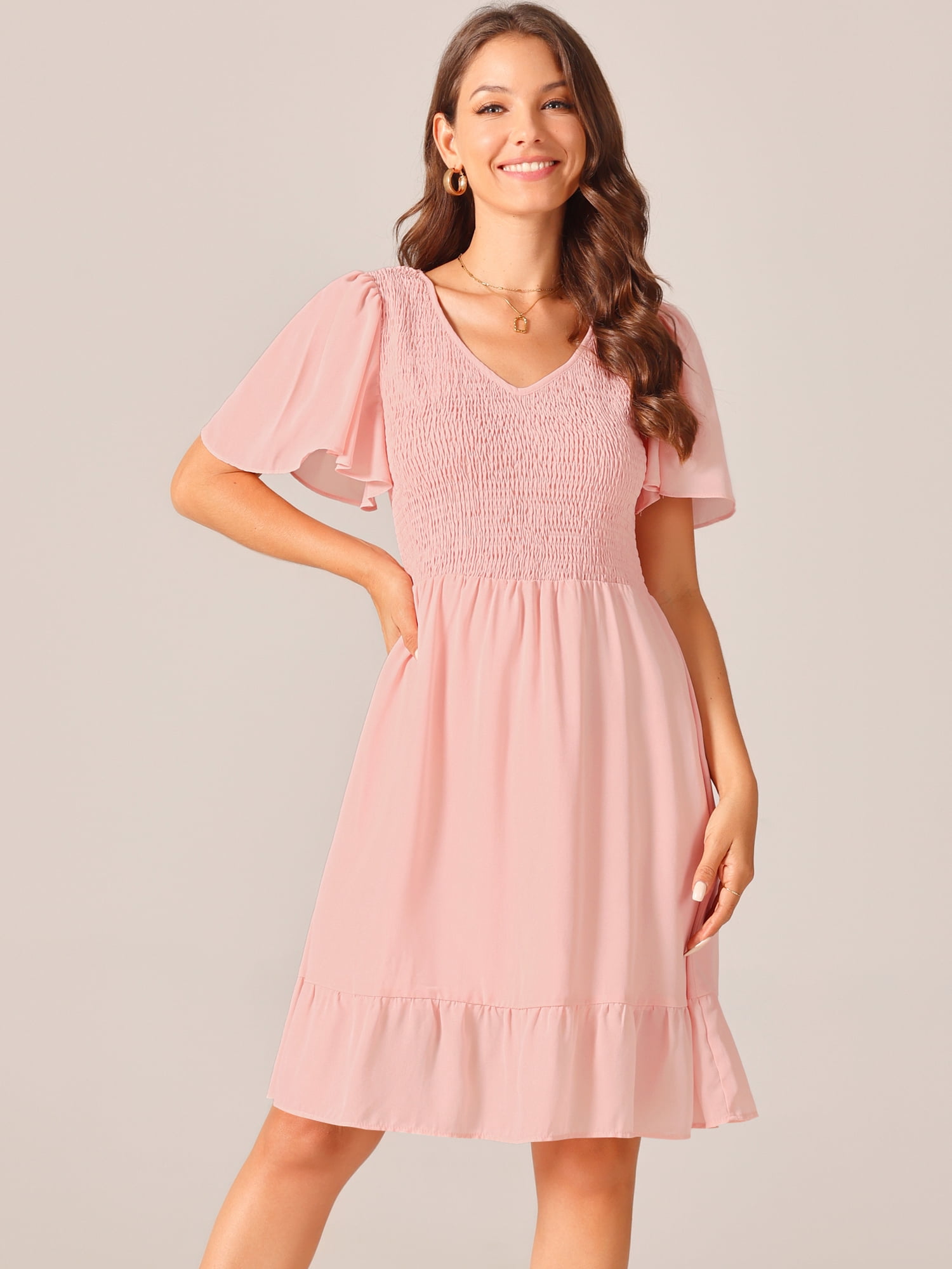 DARING DIVA Chiffon Smocked Flutter Short Sleeve Dress XL Pink