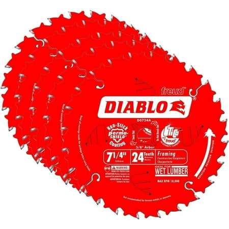 

Freud D0724A Diablo 7-1/4-inch 24T ATB Thin Kerf Framing Saw Blades 5-Pack