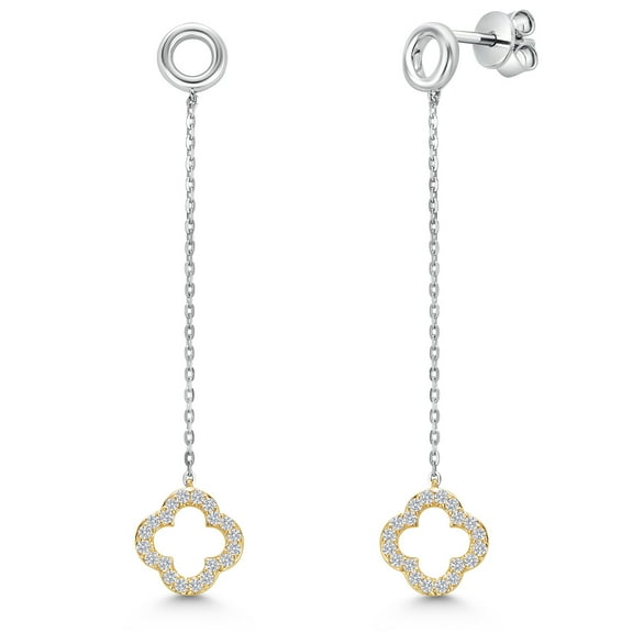 Gem Stone King Solid 10K 2-Tone Yellow and White Gold White Lab Grown Diamond Four Leaf Clover Drop Dangle Earrings for Women | 0.20 Cttw | 1 3/4 inch