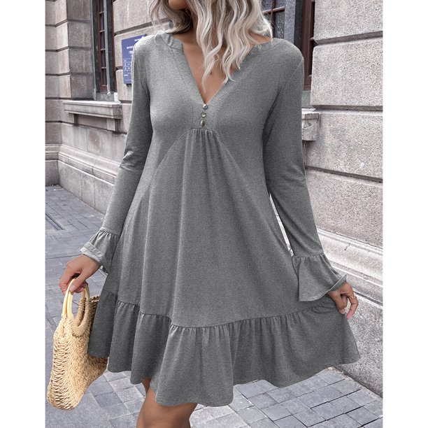 Vestido De Color Puro, Manga Larga, Puños Con Volantes, Elegante Vestido Para Mujer Para Vacaciones ANGGREK Otros