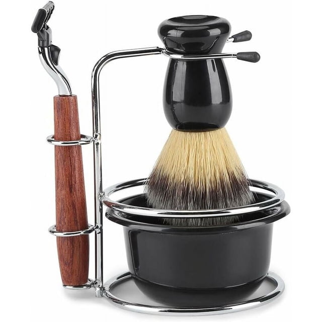 Jinsinto 4Pcs Professional Rosewood Badger Shaving Kit For Men, Including Manual Razor + Stainless Steel Stand Holder + Brush + Bowl Set,