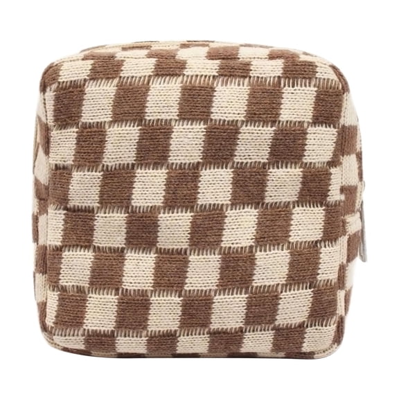 Mini Makeup Bag for Purse, Checkered Cosmetic Bag Zipper Cute Make Up Pouch Travel Toiletry Bag Makeup Storage Bag Organizer for Women Girls, Khaki