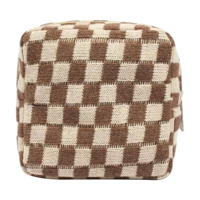 Porte-monnaie en Tricot, Sac de Rangement Portable à Carreaux, Grande Capacité, Sac à Main Mensuel, Organisateur de Rouges à Lèvres, Trousse de Maquillage avec Intérieur Spacieux au Design Léger pour Voyage, Usage Quotidien