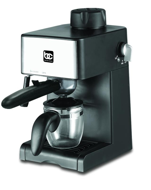 Bene Casa 4cup electric espresso maker with milk frother, black with