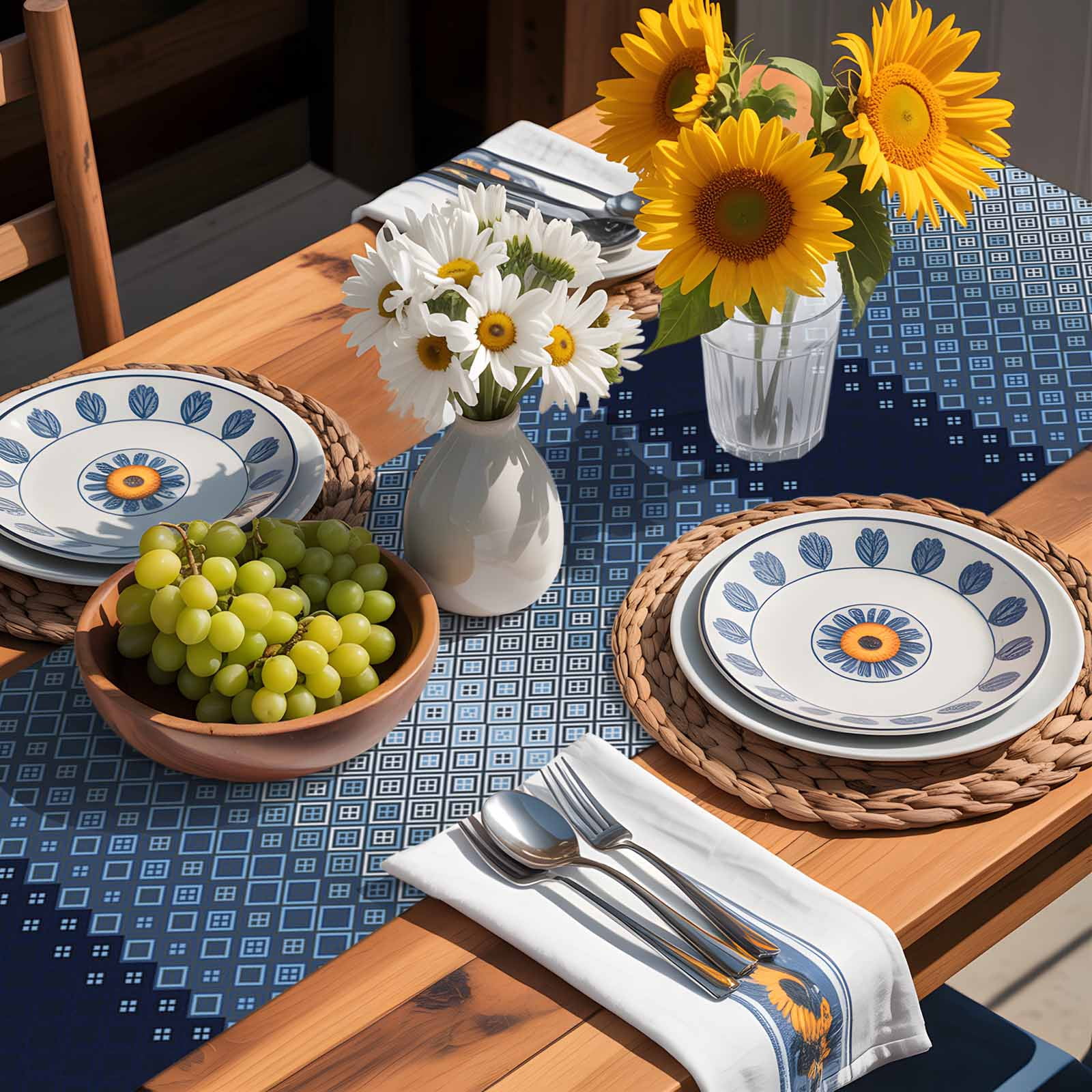 Geometric Art Diamond Checker Table Runner 90 Inches Long, Modern Blue Ombre Gradient Table Runners Tabletop Scarf Kitchen Dining Tables Decoration for Home Party Indoor Outdoor