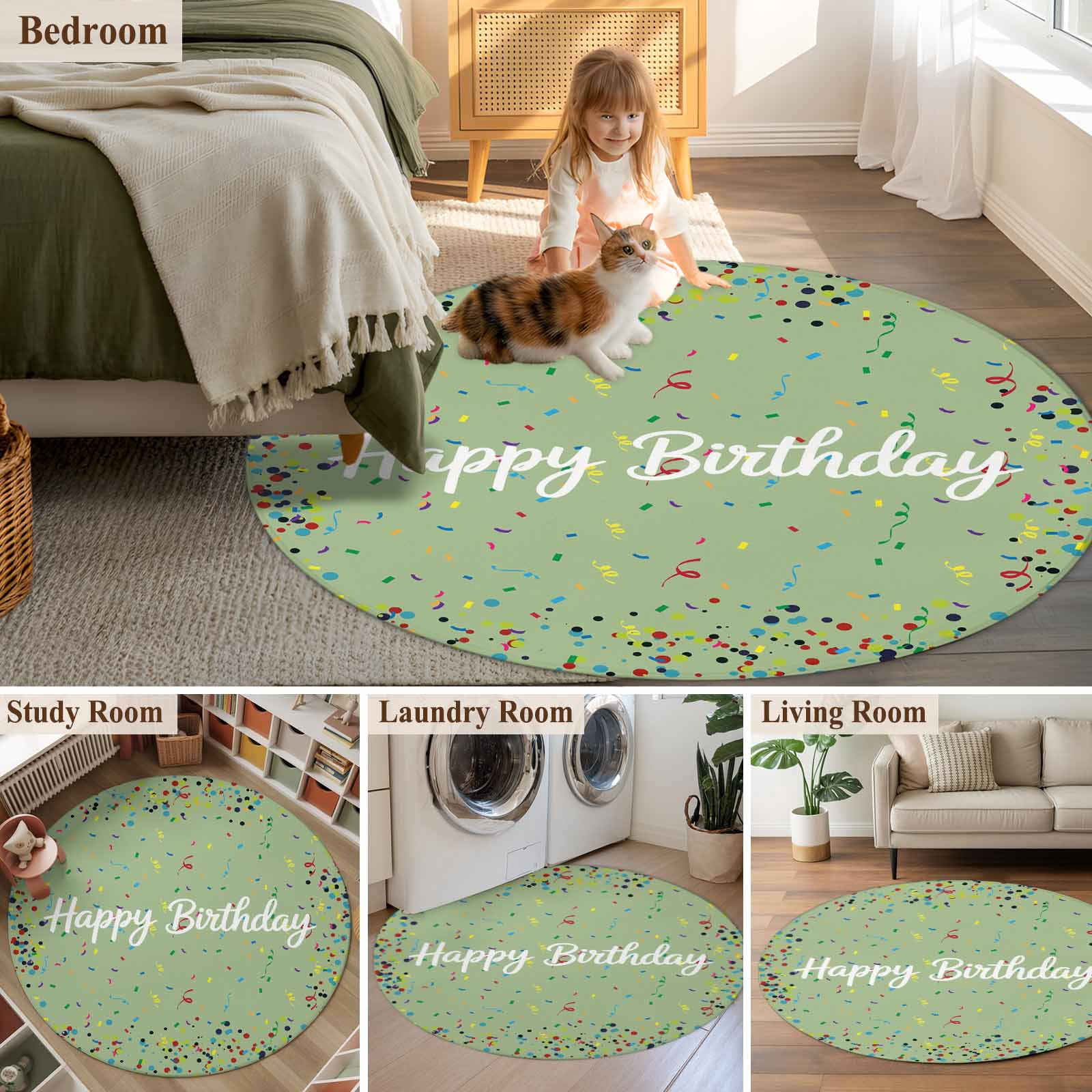Happy Birthday Large Area Rugs for Bedroom Living Room, Soft Non Slip Carpet Bedside Rug, Sage Green Modern Abstract Art Round Floor Cover Kitchen Accent Rug 8' for Dining Room/Office