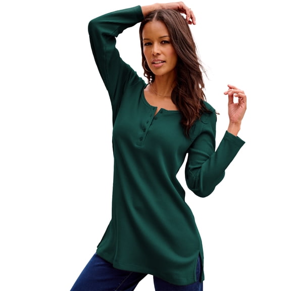 Roaman's Women's Plus Size Knit Thermal Henley Top – Long Sleeve