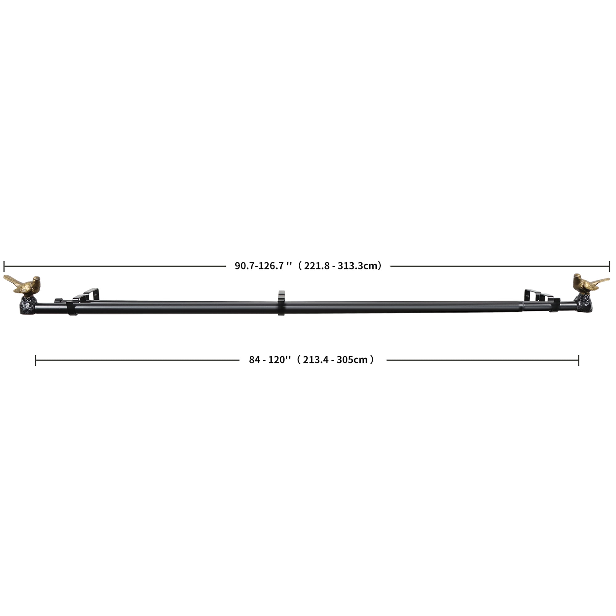 MERIVILLE 1-Inch Diameter Telescoping Double Window Curtain Rod, Renaissance Gold Bird Finials, 84"-120", Black Rod
