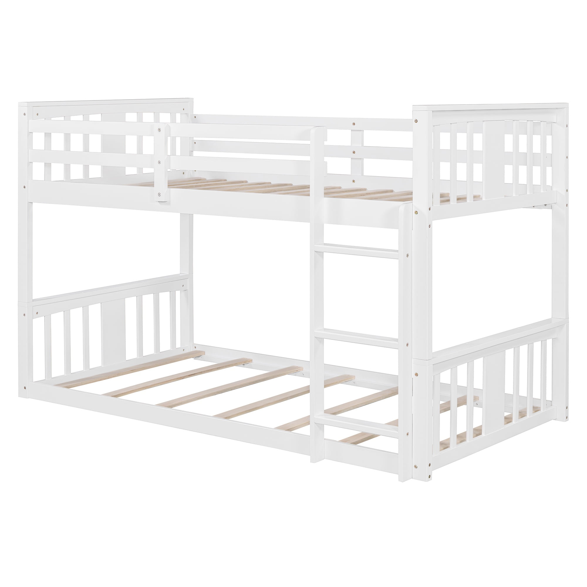 PORKISS Low Bunk Beds for Kids, New Upgraded Twin Over Twin Floor Bunk Bed with Ladder, Modern Bedroom Furniture Wood Bunk Bed for Boys Girls Teens, Easy Assembly, White