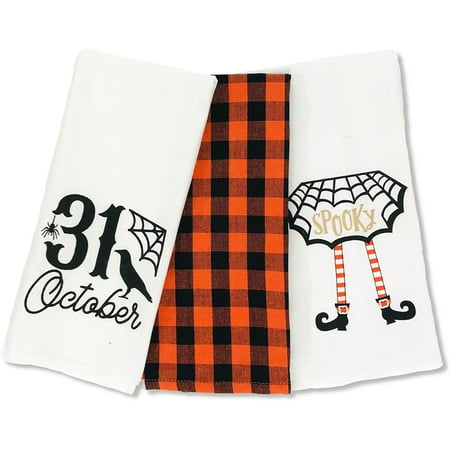 

Halloween Fun Kitchen Dish Towel Set: Spooky Oct.31st Designs Orange Black Gingham Towel