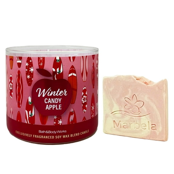 Bath & Body Works Winter Candy Apple 3-Wick Scented Candle with a Himalayan Salts Springs Sample Soap