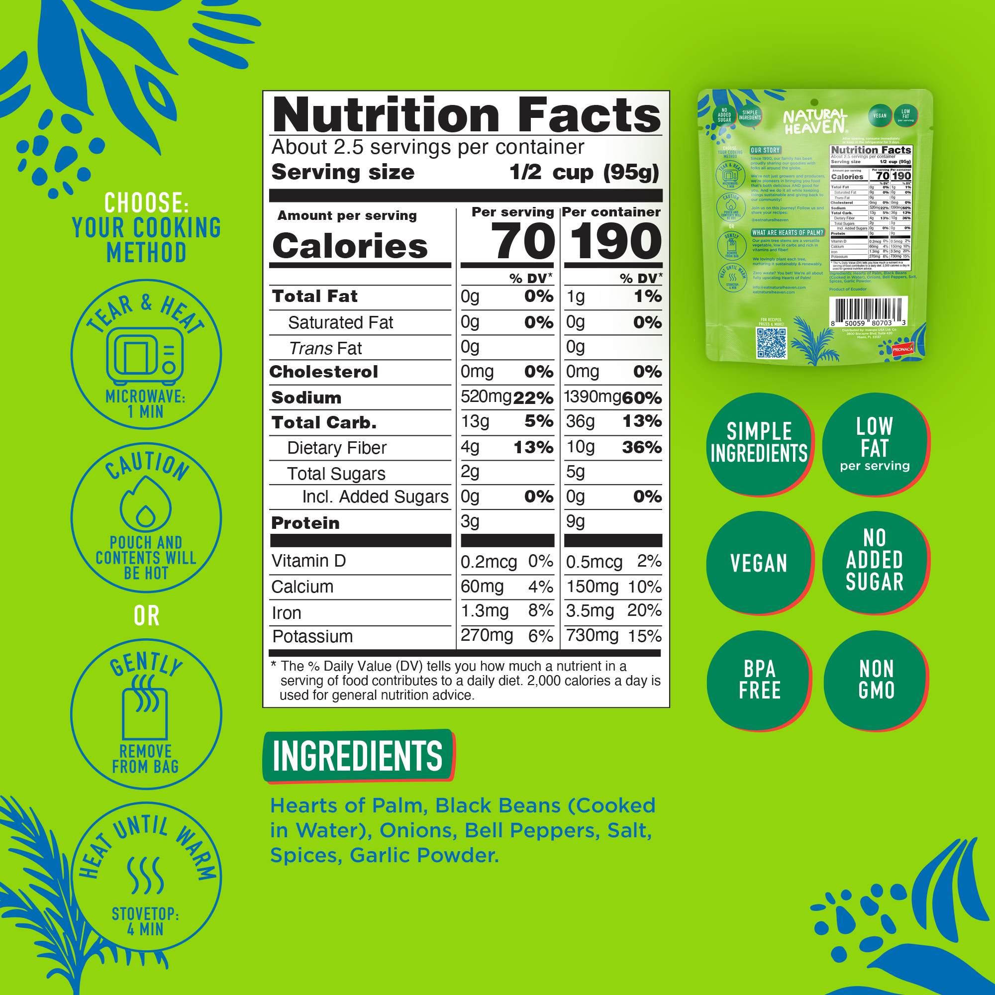 Natural Heaven  Hearts of Palm Cuban Style Congri Rice -  Pack of 6, 54oz (255g) each - Low Fat, Gluten-Free & No added Sugar