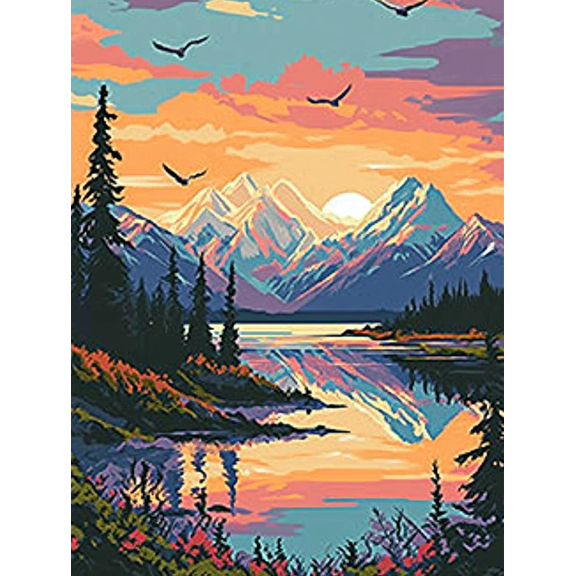 Sunset Mountain Lake Canvas Painting, Suitable for Living Room, Bedroom, Office, Hotel, and Restaurant Decoration.