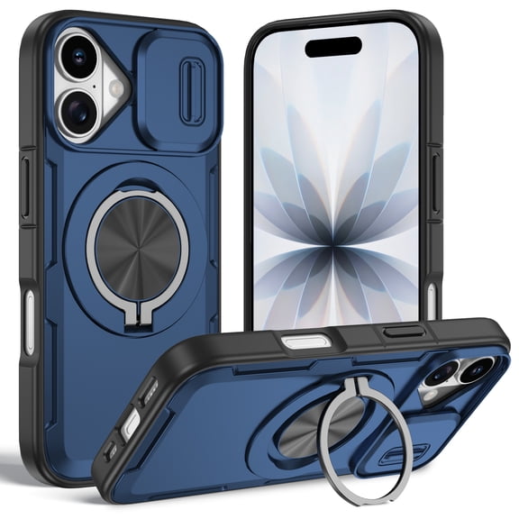 Dteck Magnetic Case for iPhone 16 Plus,Shockproof TPU PC Case Compatible with Mag Safe 360° Rotating Ring Holder Kickstand Sliding Camera Cover,Darkblue