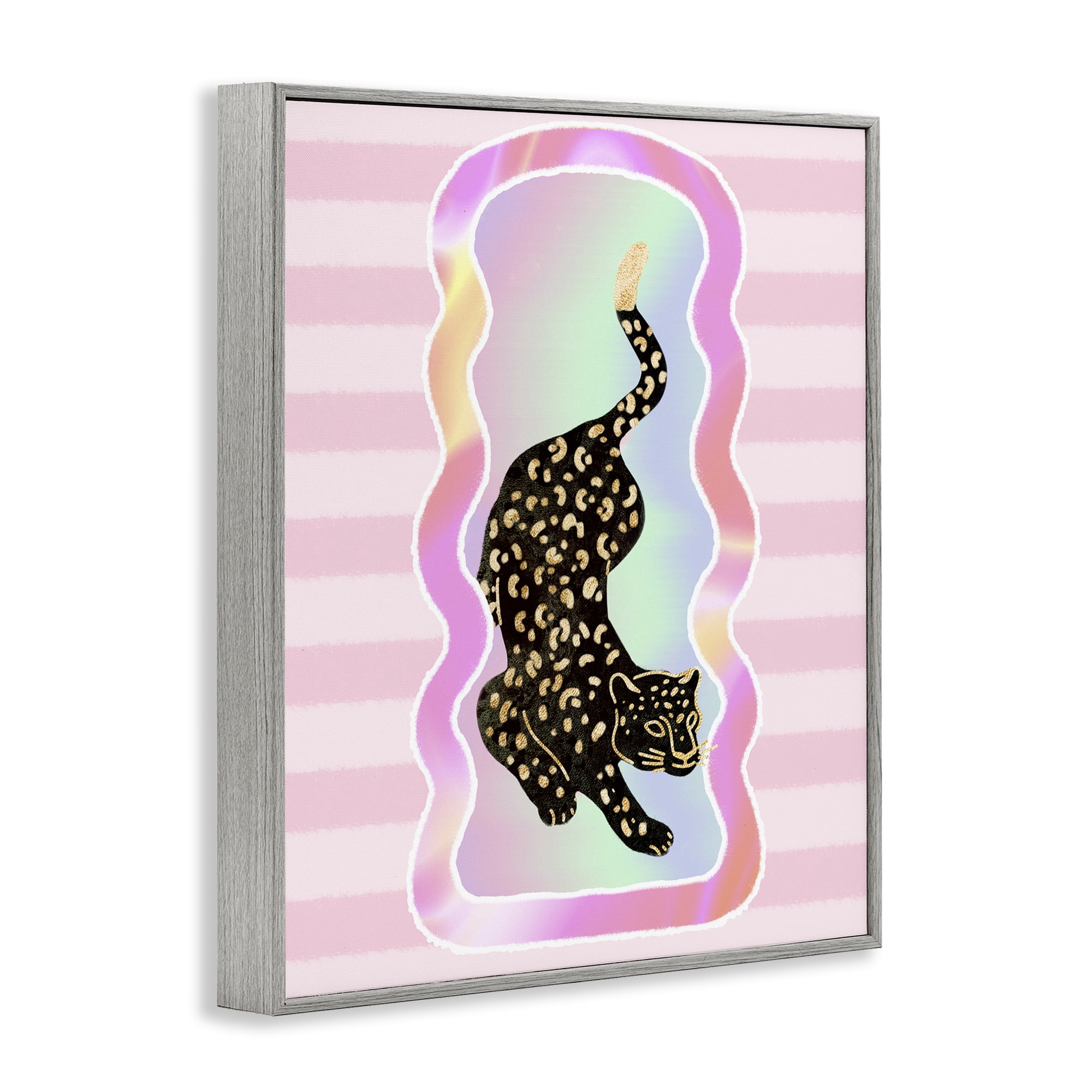 Stupell Industries Leopard & Pink Stripes Animals & Insects Painting Gray Framed Art Print Wall Art, 11 x 14