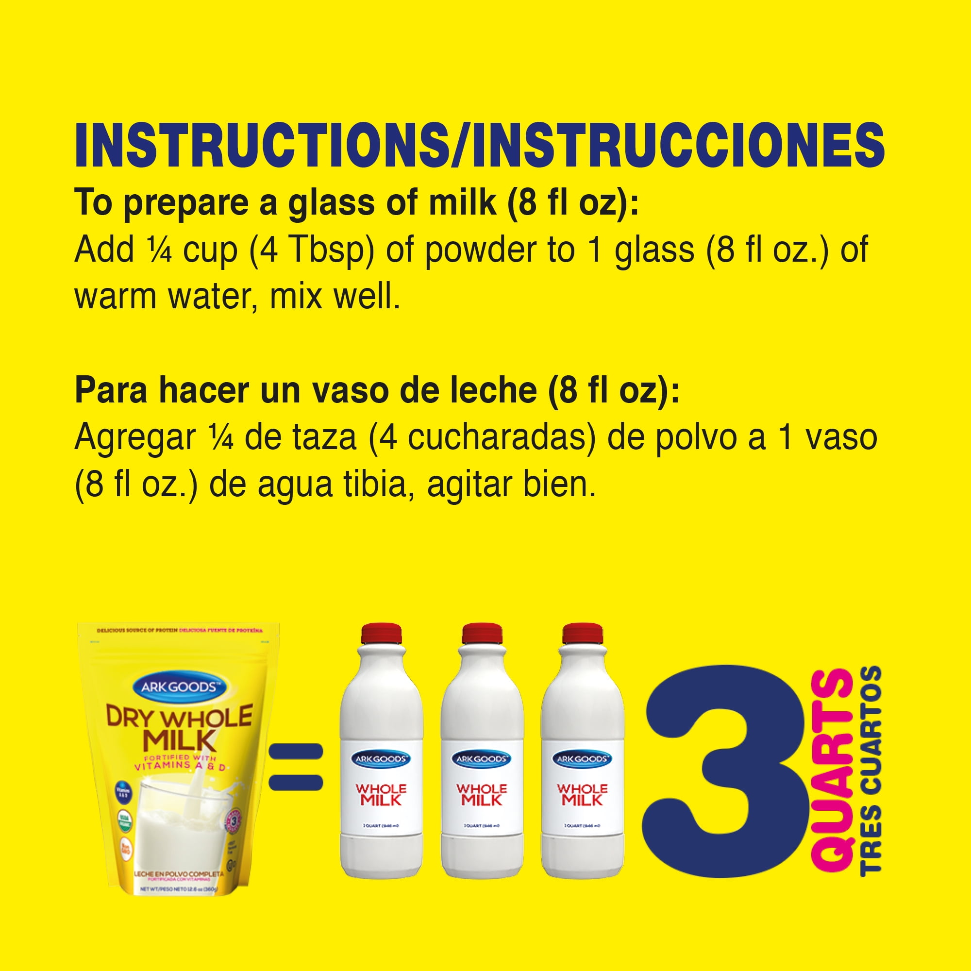 Ark Goods Dry Whole Milk Fortified with Vitamins 12.6oz (360g), No Added Sugar, Grade A Milk, Kosher, 100% Powdered Milk, Non-GMO, Milk Powder