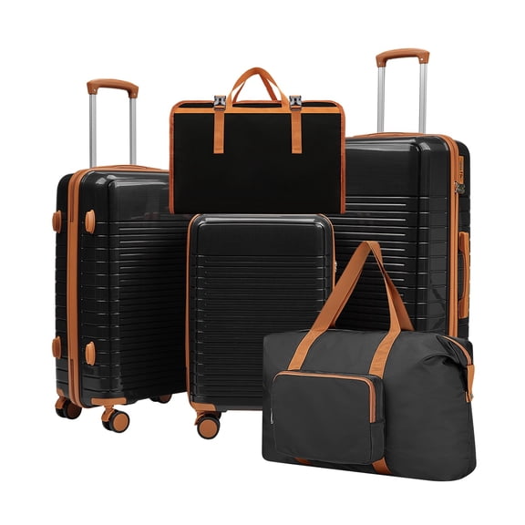 Hardside Luggage Set with Spinner Wheels, 5 Piece PP Hard Shell Suitcases with TSA Approved Lock, 20 24 28 Inch Rolling Luggage for Travel, Black and Brown