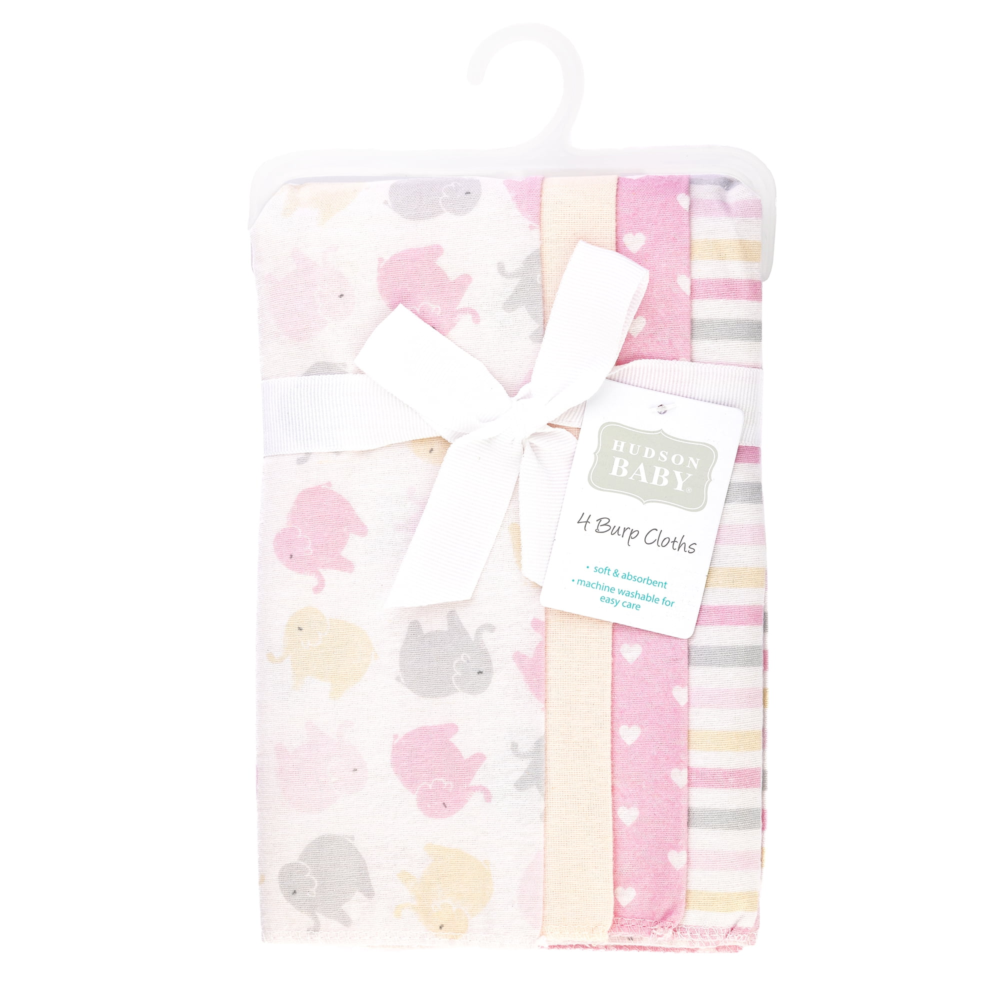 Hudson Baby Girl Cotton Polyester Flannel Burp Cloths 4-Pack, Multi Color Girl Elephant, One Size