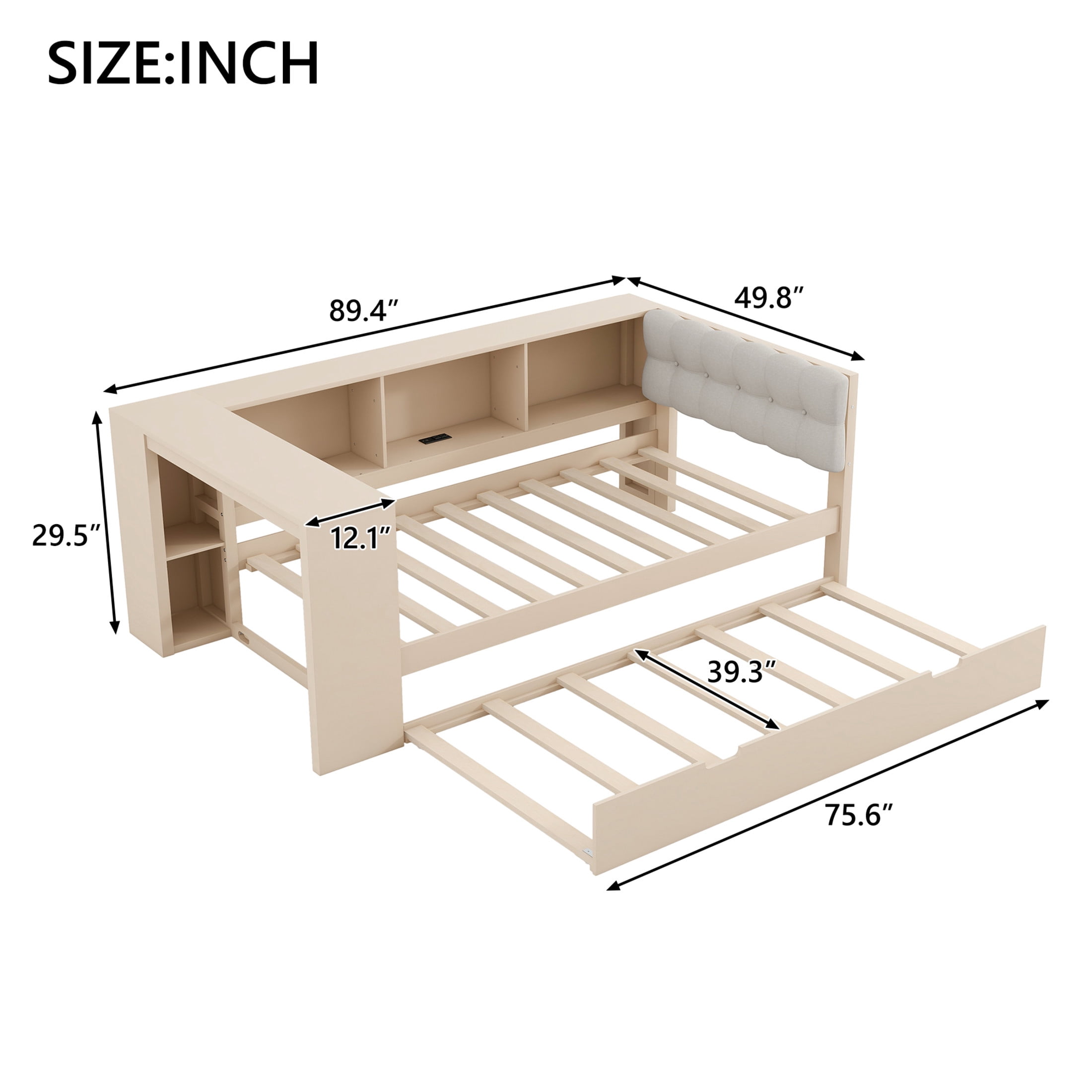 Noble House Twin Wooden Platform Bed, Upholstered Headboard, Storage Shelves, Charging Station and Trundle, Cream