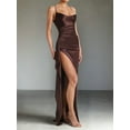thumbnail image 2 of Women'S Ruffled Satin Spaghetti Strap Ball Gown Bridesmaid Dress Long Brown M, 2 of 6