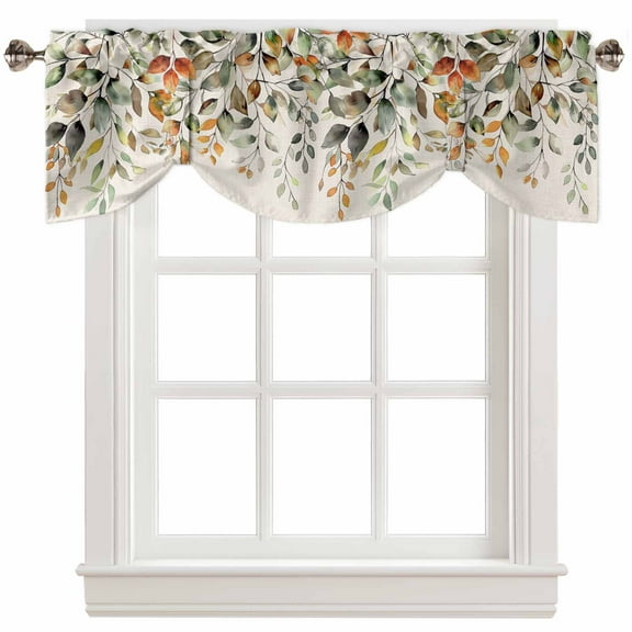 Fsddascl Orange Green Eucalyptus Leaves Tie Up Valance Curtains for Windows, Kitchen Curtains Window Treatments, Fall Botanical Rustic Short Window Shades Valances for Bedroom Bathroom Cafe 42"x12"