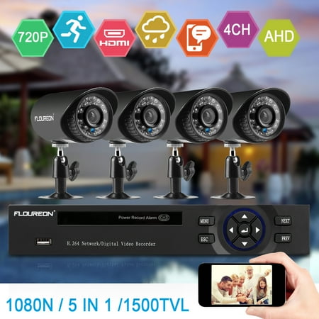 FLOUREON 1 X 4CH 1080N AHD DVR + 4 X Outdoor 1500TVL 1.0MP Camera Security Kit (Best Reversing Camera Kit Uk)