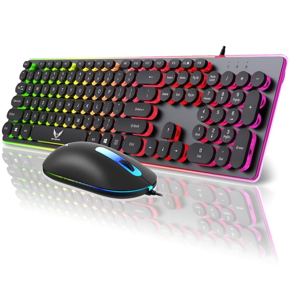GJX Gaming Keyboard and Mouse Combo, 104 keys RGB Backlit USB Wired Computer Keyboard for Game and Office, Retro Punk Round Keycaps for PC Mac, Black