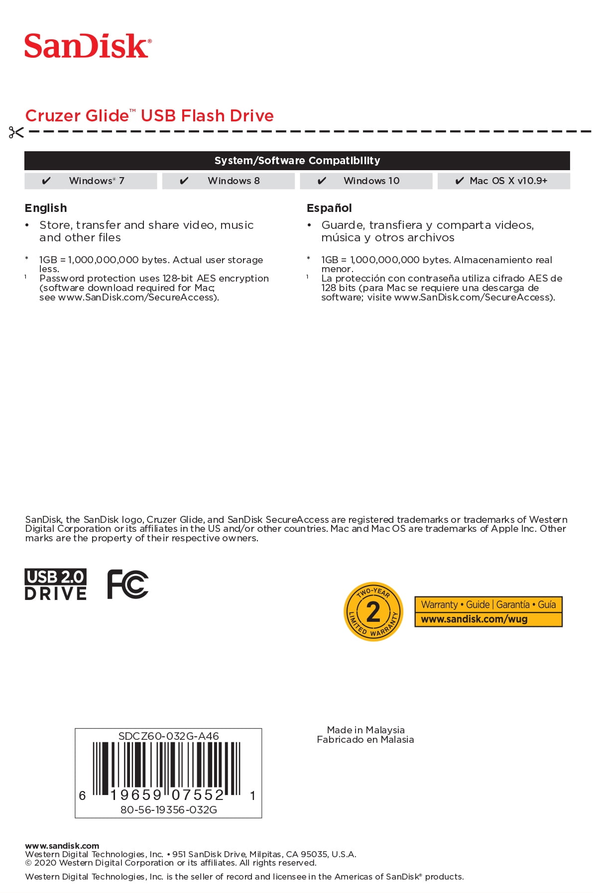 SanDisk 32GB Cruzer Glide USB 2.0 Flash Drive - SDCZ60-032G-AW46