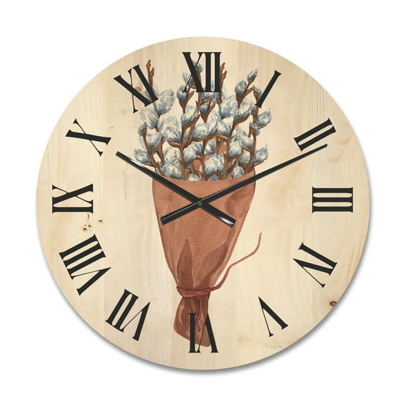 Designart 'Bunch of White Pussy Willow Twigs I' Farmhouse Wood Wall Clock