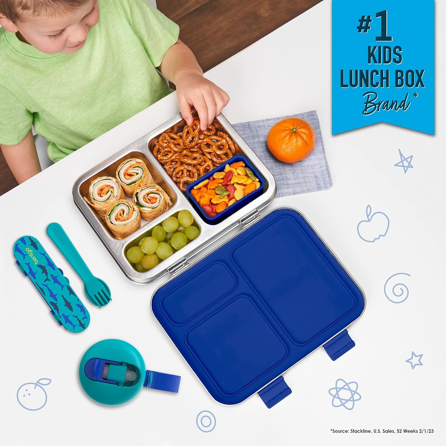 Stainless Steel Prints Leak-Resistant Lunch Box - Bento-Style With Updated Latches, 3 Compartments & Container - Eco-Friendly, Dishwasher Safe, BPA-Free (Shark)
