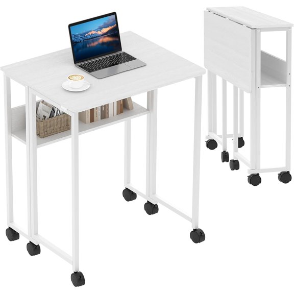 24.8 In Folding Desk with Storage Shelf and Wheels Small Computer Desk for Home Office White