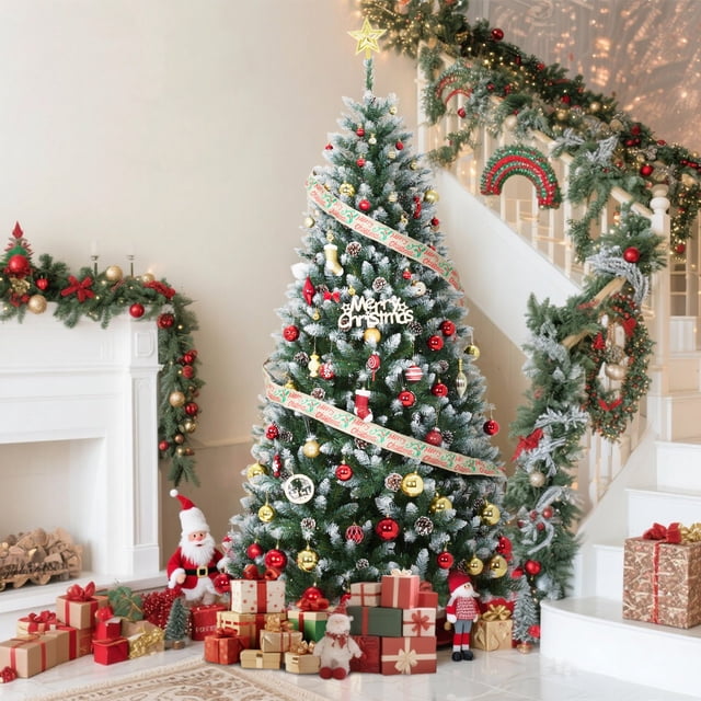 4.5/6/8.5/9 FT Artificial Christmas Tree with Multi Realistic Branch Tips, Pre-Lit with LED Lights, Easy Assembly Metal Stand for Home, Office & Party Decorations