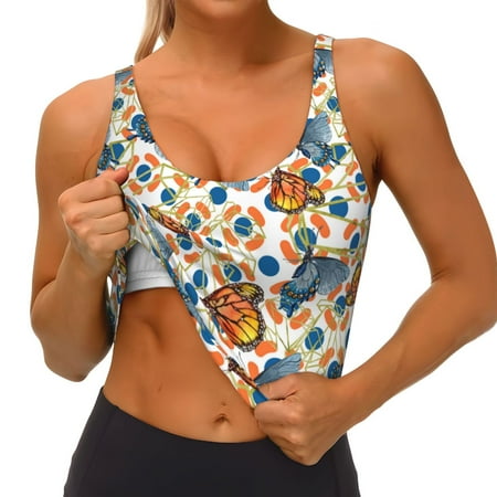 Qokaie Butterflies Wild Insect Pattern Womens Scoop Neck Sports Bra Breathable Workout Vest Padded U Back Medium Impact Fitness Gym Yoga Bra Workout Crop Top