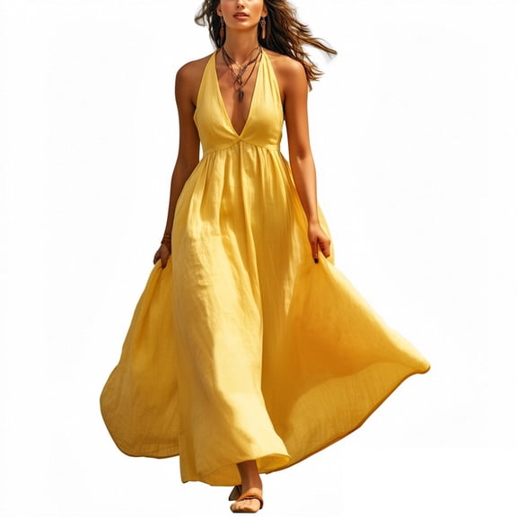 Yangnuo Women's Halter V-Neck Sleeveless Maxi Dress Fashion Ladies Sleeveless Flowy Casual Summer Beach Long Dress Yellow XL