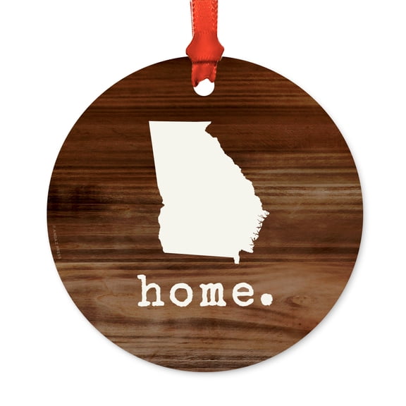 US State Round Metal Christmas Ornament, Rustic Wood Print, Georgia, Includes Ribbon and Gift Bag