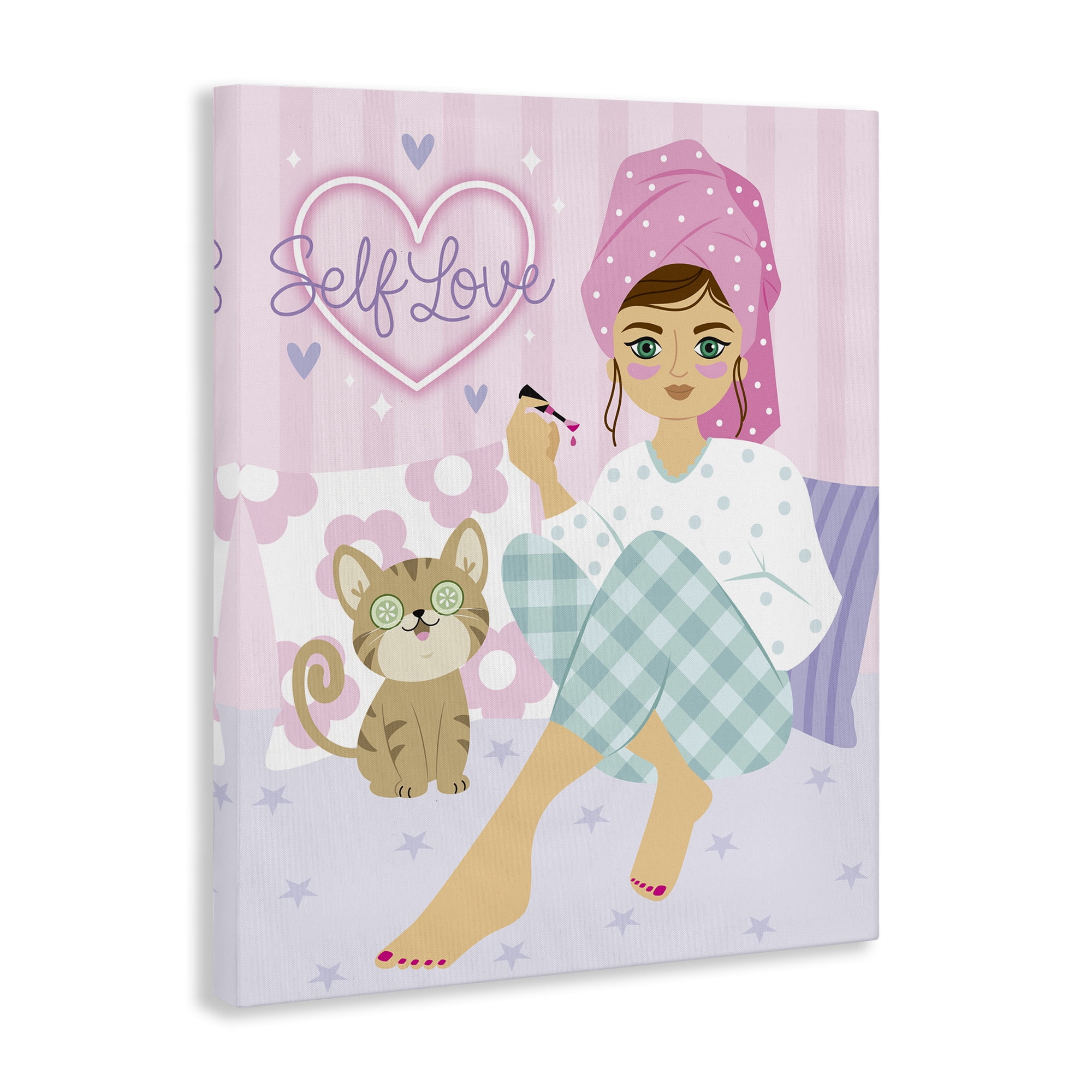 Stupell Industries Self Love Girl & Cat People Painting Wrapped Canvas Art Print Wall Art, 36 x 48