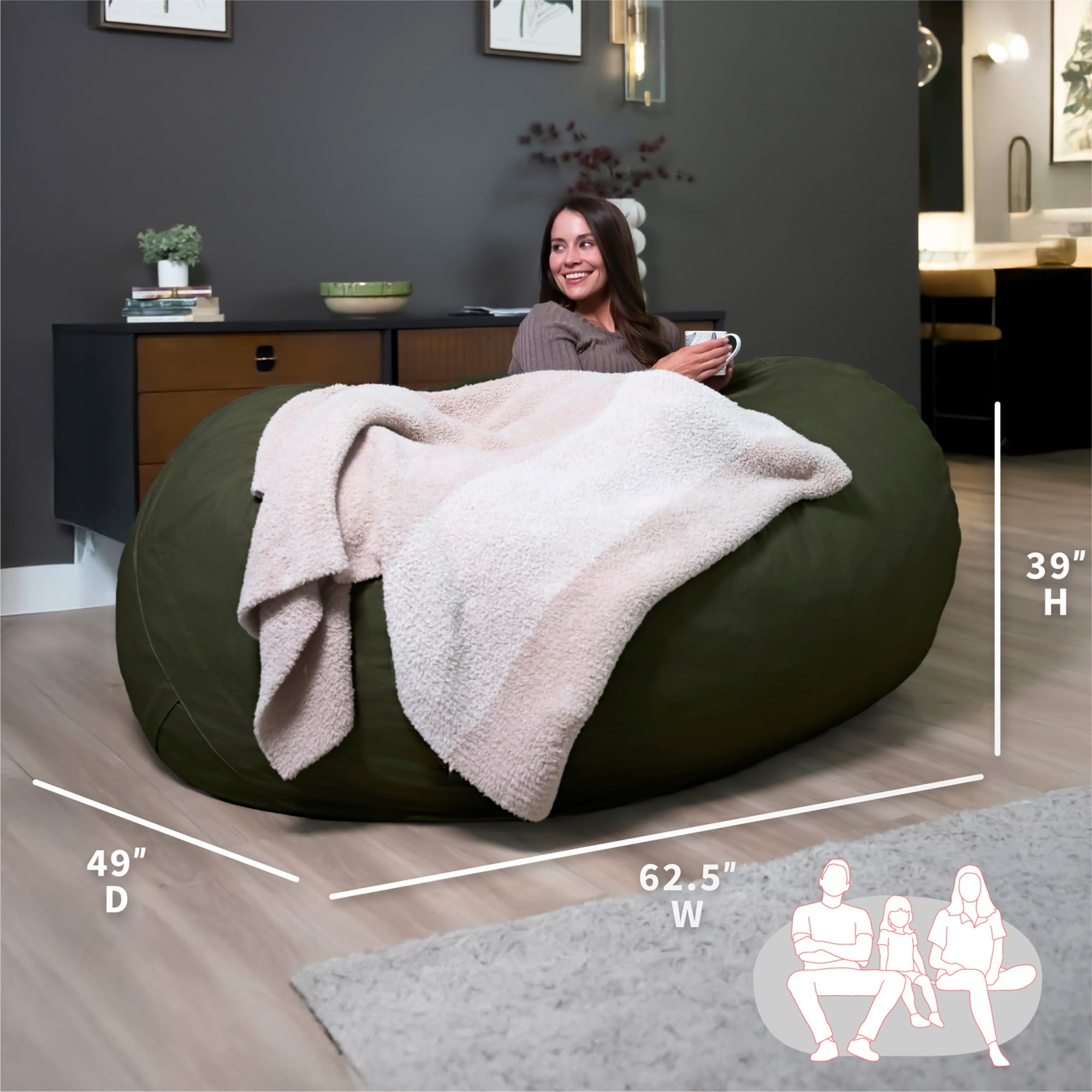 Big Joe Fuf 7Ft Giant Foam Bean Bag Chair, Oversized Couch with Removable Cover for Kids, Teens, Adults, Forest Green Velveteen, Durable Woven Polyester, 7 foot
