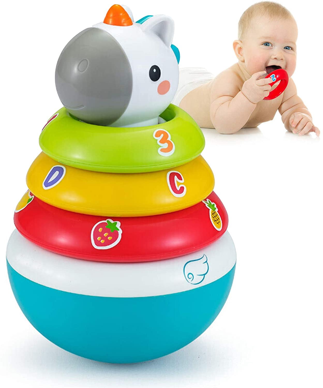 Stacking Rings Baby Toy with Unicorn Topper, Weeble Wobble Stacking ...